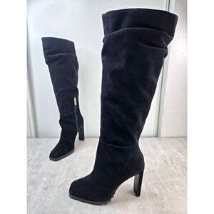 JLO Knee High Slouchy Boots 9 Black Suede Square Toe Lug Sole High Heel Glam Y2K
